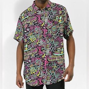 Killer Acid No Bad Trips Black Short Sleeve Button Up Shirt Medium 100% Rayon